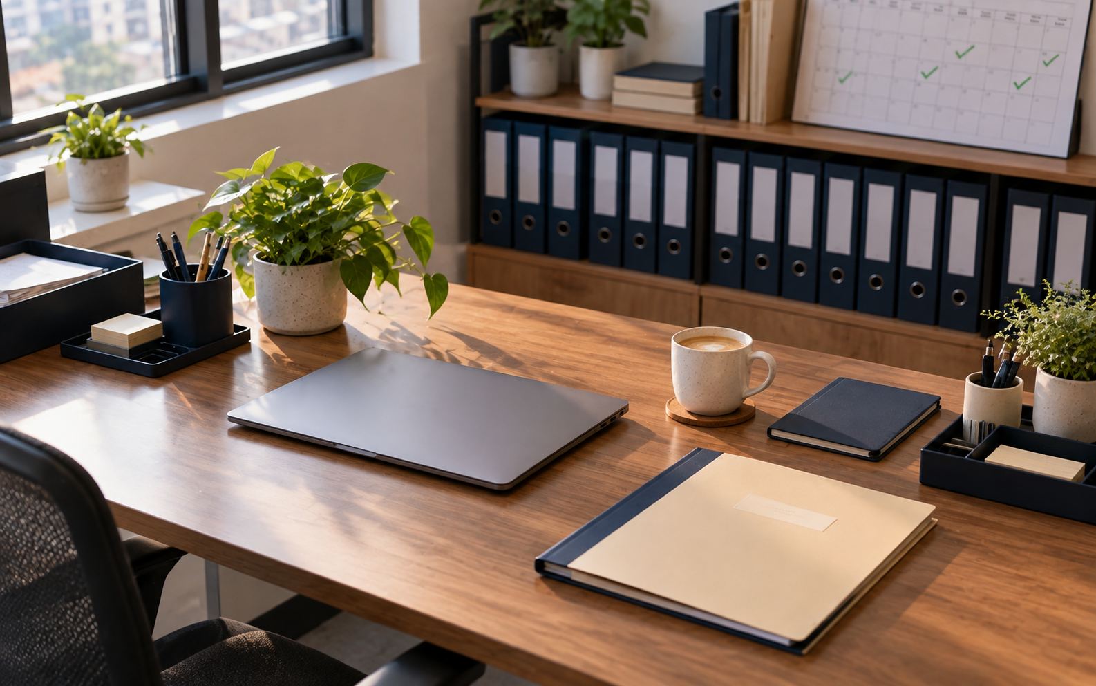 The same desk, organised and calm