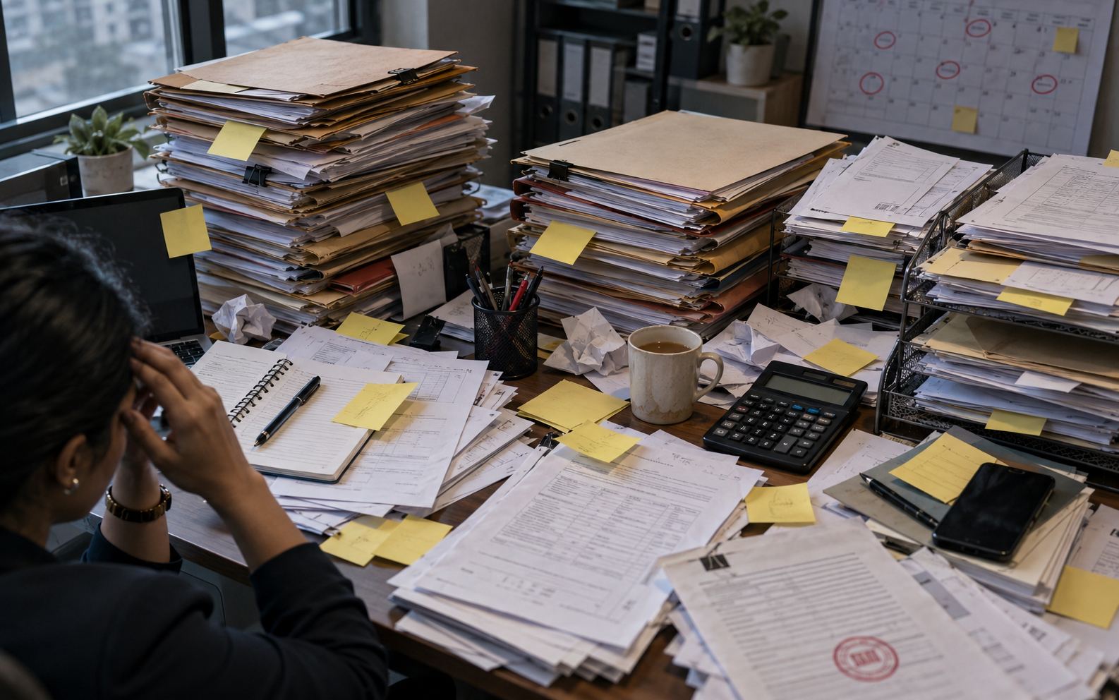 A desk buried in files, sticky notes and notices