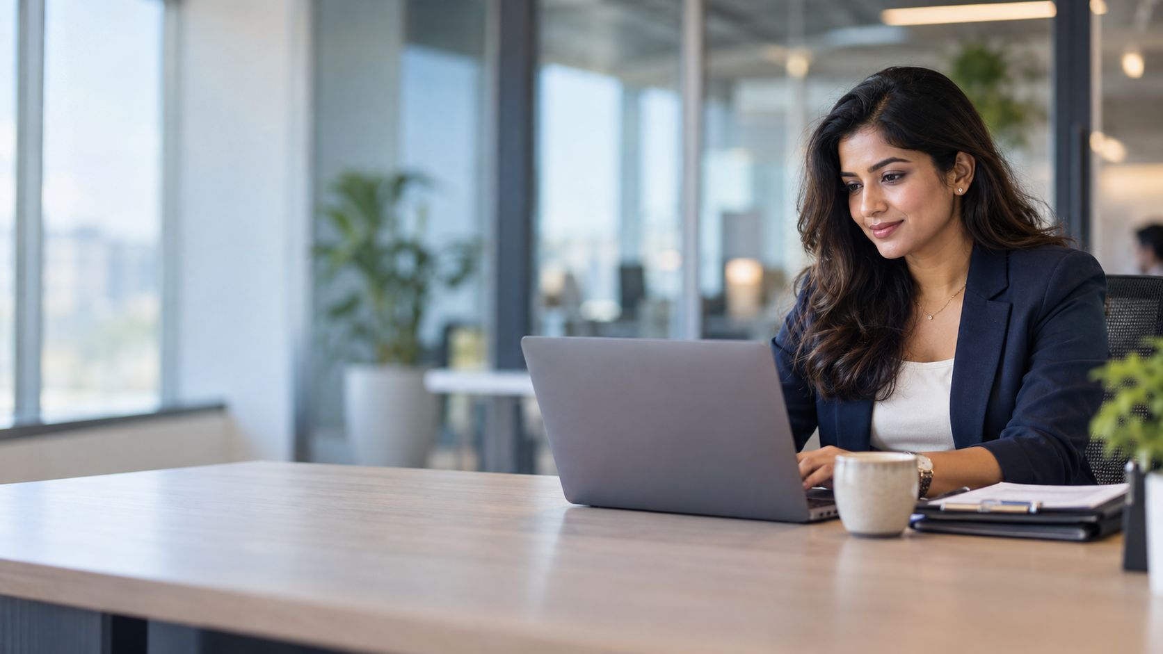 A compliance manager reviewing filings on her laptop